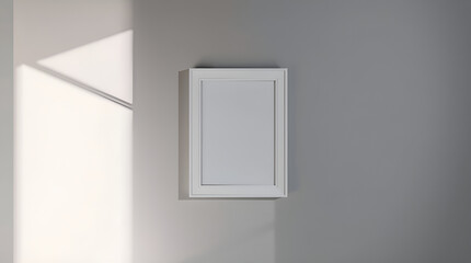 Professional stock photo High-resolution image of a blank white frame on an interior wall. High contrast low-key lighting, vibrant colors, deep shadow