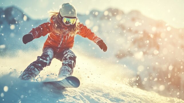 Snowboarding girl in snowy mountains. A perfect banner for winter sports, leisure, or action-packed hobbies.