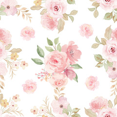 Sweet pink flower watercolor seamless pattern on white background. Soft pastel colors water color seamless pattern for beauty products or other.