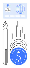 Pen, stacked coins, and payment card with globe icon and chip. Ideal for finance, banking, transactions, e-commerce, mobile payments business investments financial technology. Line metaphor