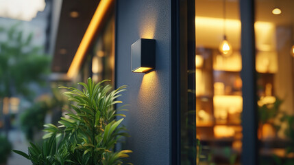 Modern exterior wall light illuminating entrance with stylish plant in foreground during evening hours, creating warm ambiance for contemporary home design