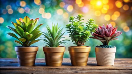 Fototapeta premium Four unique potted plant styles, a bokeh still life, showcasing decorative artistry.