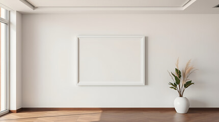 Professional-quality, high-resolution stock photo A blank, white frame on a clean wall within a modern interior. The scene uses low-key lighting 