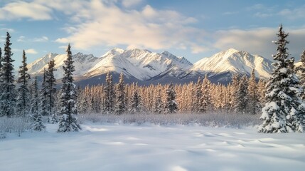 Snowy mountains and trees in a serene winter landscape. 