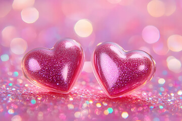 Obraz premium Two Hearts On Pink Glitter In Shiny Background - Valentine's Day Concept