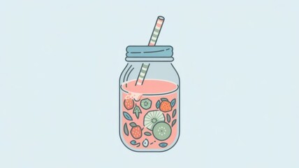 Refreshing Infused Drink with Fruits and Herbs in a Jar with Straw on a Light Blue Background
