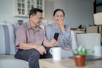 An elderly couple sits together in their cozy living room, smiling and enjoying a moment as they look at something on a smartphone. Their warmth and affection capture a peaceful home atmosphere.
