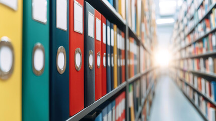 Non disclosure agreement concept. Colorful file folders arranged on shelves in a well-lit archive space.