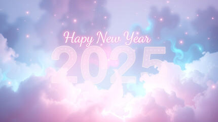 Soft pastel colors Happy New Year 2025 illusions. Mystic enchanting environment, gentle color contrasts, dreamlike atmosphere, ethereal quality.