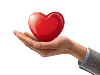 Hand holding a red heart symbol, representing love, care, and kindness. Suitable for health, charity, and support-related concepts. Isolated on transparent background, PNG.