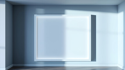 Stock photo A blank white frame is subtly illuminated against an interior wall. Soft cool lighting casts diffused shadows. The color scheme uses mute.