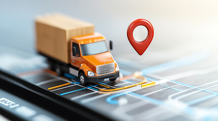 cargo truck with GPS tracking device on digital map, symbolizing logistics