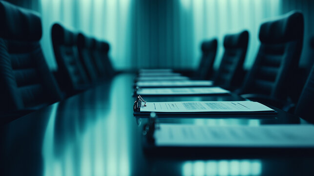 Empty meeting room with scattered budget papers and vacant chairs, symbolizing the aftermath of intense decision-making and strategic planning sessions.