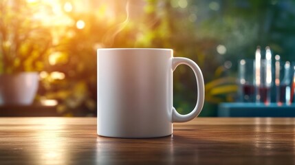 Obraz premium White mug in laboratory setting with chemical apparatus. Generative AI