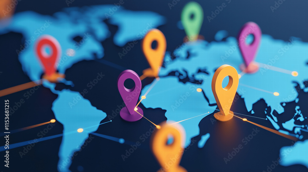Poster digital world map with colorful location markers and connections
