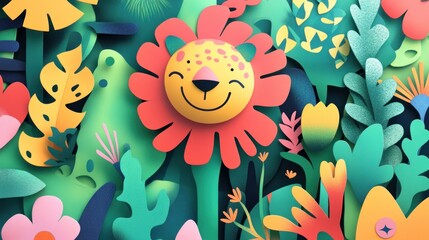 Fototapeta premium A vibrant illustration featuring a smiling lion flower amidst colorful foliage, showcasing a playful and cheerful design.