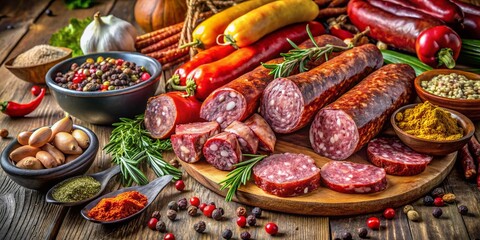 Fototapeta premium Gourmet sausage and salami, a panoramic spice feast.