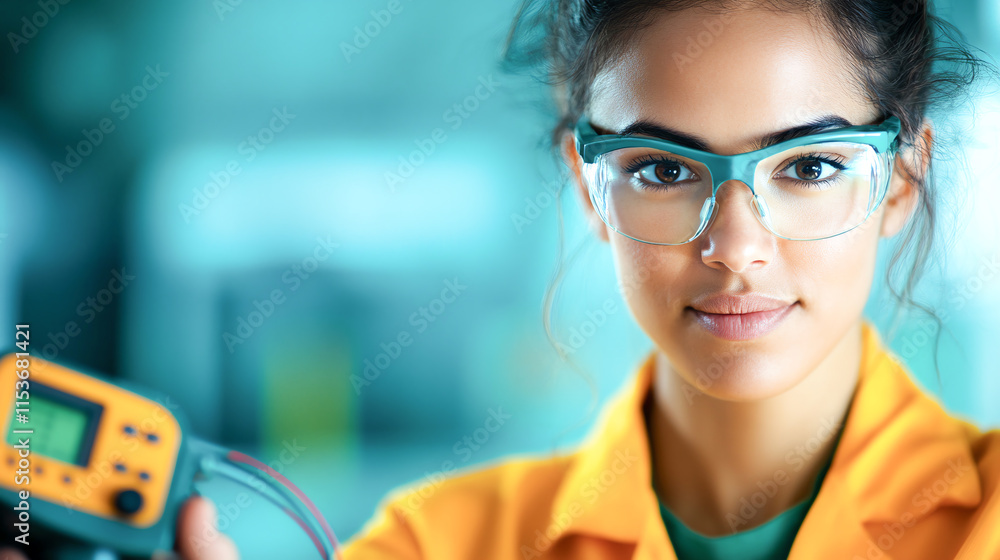 Poster engineer in lab coat using digital multimeter, focused expression