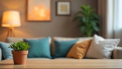 Naklejka premium A cozy living room with a wooden table in the foreground, a green plant, and blurred cushions on a sofa in the background