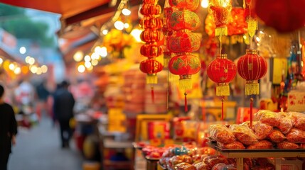 A vibrant market scene filled with red lanterns and festive decorations, showcasing cultural items and snacks for celebration.