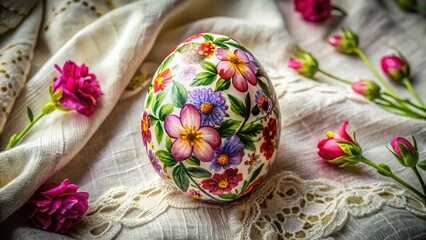 Hand-painted urban exploration fabric, floral design, AI-enhanced photo.