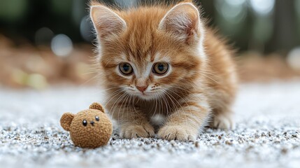 Curious ginger kitten playing with a toy
