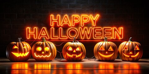 Halloween Neon Pumpkin Sign Black Background