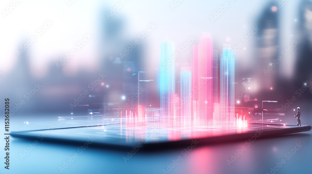 Poster digital data visualization on tablet with futuristic cityscape design
