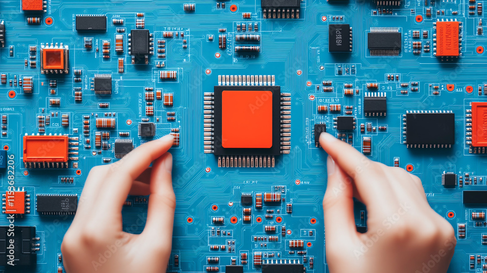 Poster hands adjusting components on blue circuit board with red chip