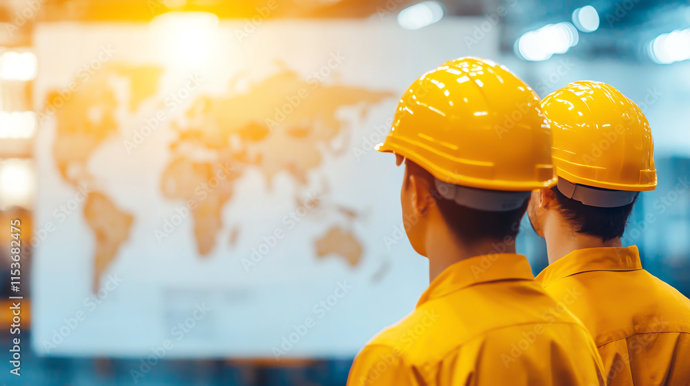 Poster workers in yellow helmets observing world map in logistics setting