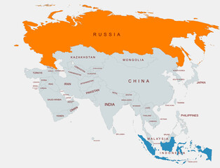 Obraz premium A detailed illustration of Asia showing country borders with Russia highlighted and indonesia, emphasizing regional geographical differentiation