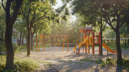 The quiet playground, adorned with swings and climbing frames, stands empty in the park, inviting reflection on the joys of childhood playtime.