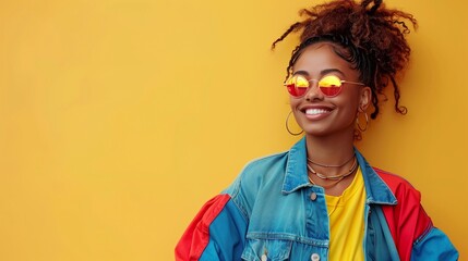A girl in glasses and dressed in bright clothes of the 90s on a yellow background. Retro