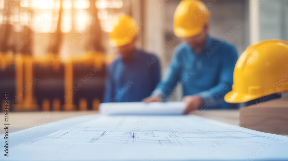 Poster engineers reviewing blueprints with hard hats in construction setting