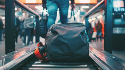 Close-up of traveler placing bag on conveyor belt at airport security checkpoint, showcasing meticulous security process with focus on bag and conveyor belt.