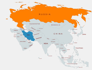 Obraz premium A detailed illustration of Asia showing country borders with Russia highlighted and iran, emphasizing regional geographical differentiation