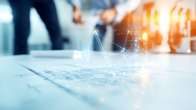 Engineers discussing blueprints with digital overlay and glowing lines