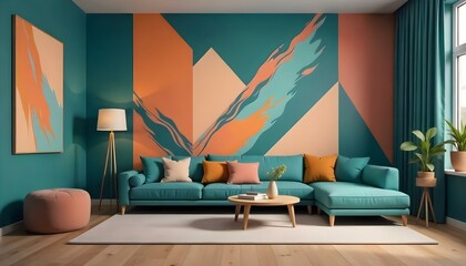 Obraz premium A modern living room with a large teal sectional sofa, a wooden coffee table, and a geometric abstract mural on the wall in shades of teal, orange, and pink