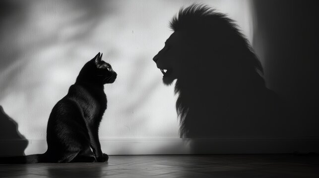 A black cat sits on the ground, facing away from us and casting its shadow of Lion in front of it