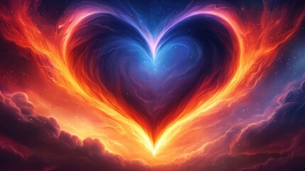 Fiery heart-shaped cloud formation dreamy sky digital art vibrant colors abstract concept