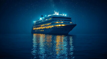 Night view illuminated ship on calm dark sea.