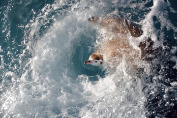 Naklejka premium A seagull immerses itself in the turbulent ocean waves, capturing the essence of nature's drama and the beauty of wildlife amid the sea's rhythm.