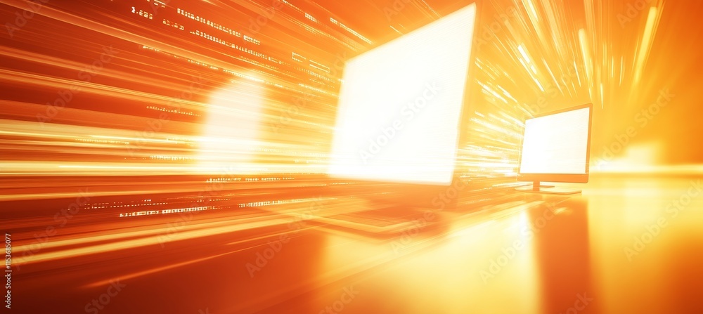 Poster abstract orange technology background with binary code, light trails, and blank computer screens