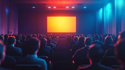 Crowd of people sitting in front of a large screen in a movie theater.