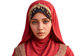 Celebration during Ramadan with a young Muslim woman wearing a traditional red hijab and intricate adornments, showcasing cultural pride and spirituality