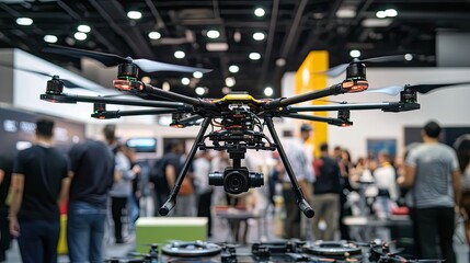 Black Drone with Camera and Propellers in a Crowded Event Space