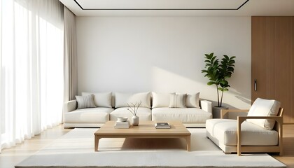 A minimalist living room with a large wooden coffee table, white curtains, and a neutral color palette