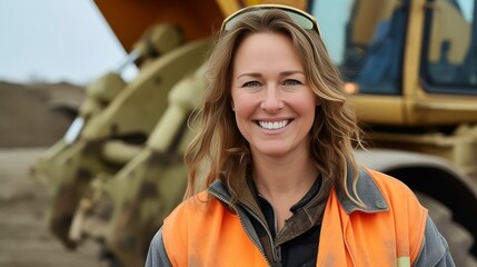 Woman in Safety Gear Smiling at Construction Site with Excavator in Background, Outdoor Work Environment