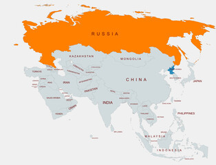 Obraz premium A detailed illustration of Asia showing country borders with Russia highlighted and north korea,emphasizing regional geographical differentiation