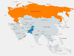 Fototapeta premium A detailed illustration of Asia showing country borders with Russia highlighted and pakistan,emphasizing regional geographical differentiation